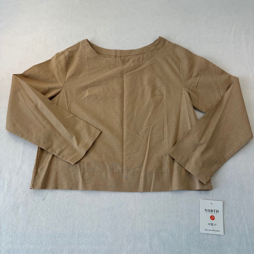 North Fashion Camel Tan Linen Cotton Blend Boat Neck Boxy Blouse NWT Small